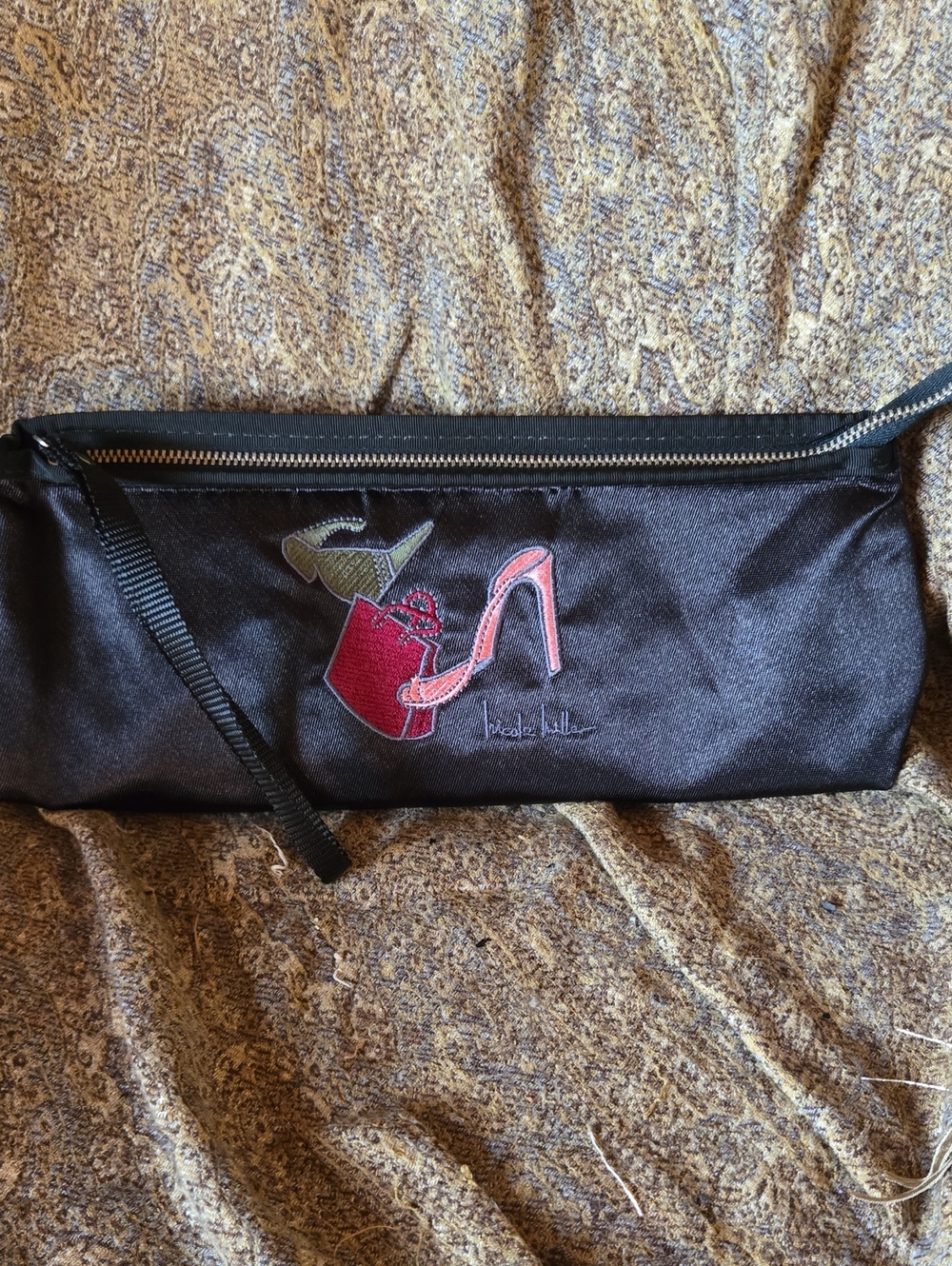 Nicole Miller Black Satin Wristlet Clutch with Embroidered Shoe Motif